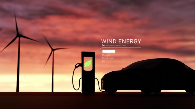 风力发电农场的电动汽车充电站配上美丽的夕阳