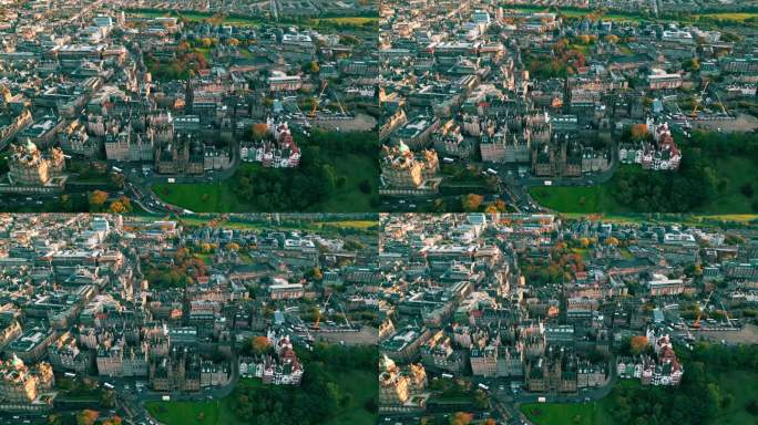 鸟瞰爱丁堡老城区的实时镜头，可以看到著名的地标议会厅和托尔布斯柯克