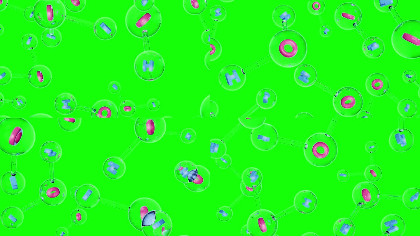 分子化学式H2O。水分子在绿色的屏幕上呈粉红色和蓝色。球棒化学结构模型。概念科学或化妆品行业。动画。