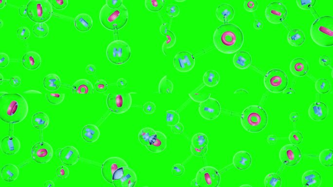 分子化学式H2O。水分子在绿色的屏幕上呈粉红色和蓝色。球棒化学结构模型。概念科学或化妆品行业。动画。