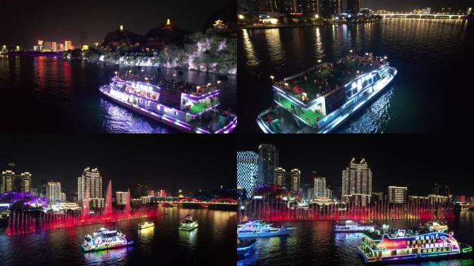 柳州夜景航拍音乐喷泉游船游客4K