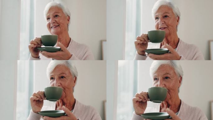 思考，茶和一个老年妇女在她退休的养老院的客厅里用杯子喝水。面带微笑或放松心情，和一位老年女退休人员一