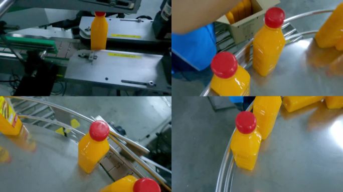 延时亚洲生产线工人在终点线将橙汁瓶装入纸盒