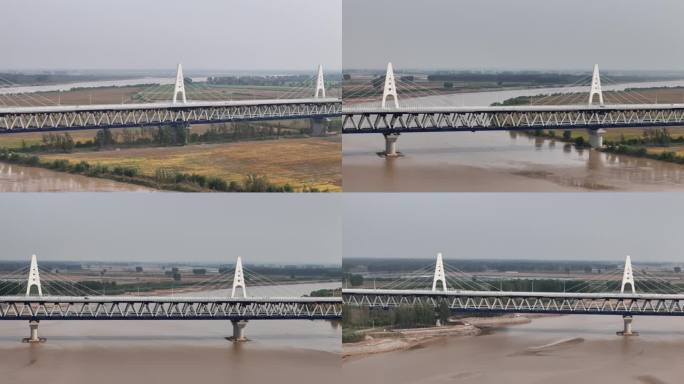 河南郑州郑新黄河大桥公铁两用大桥车流航拍
