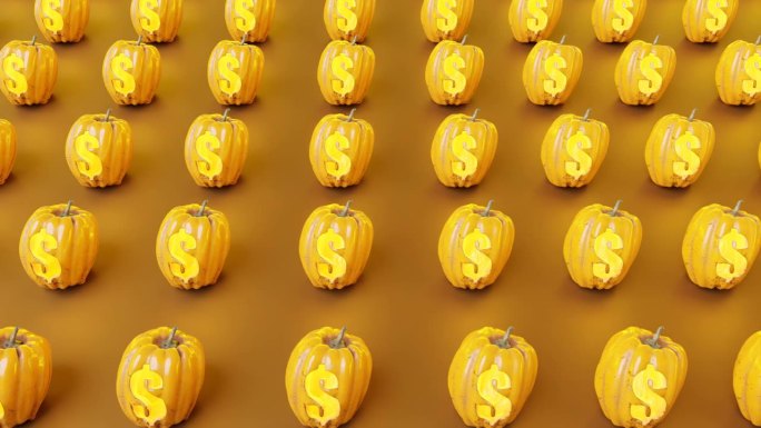 南瓜装饰图案与金钱标志在橙色背景。三维渲染
