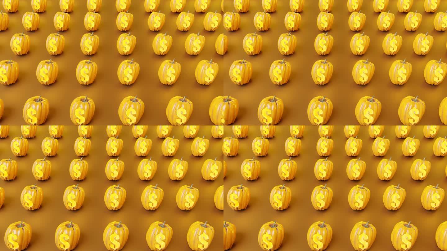 南瓜装饰图案与金钱标志在橙色背景。三维渲染