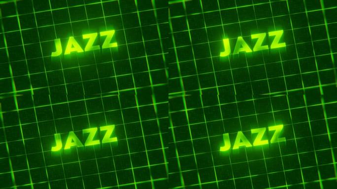 单词Jazz的3d渲染循环动画孤立在绿色霓虹灯网格上