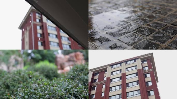 小区下雨雨水下落下雨地面雨滴落下房檐落雨