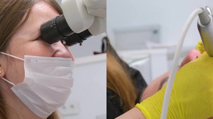 牙科诊所最新的设备和技术女医生用显微镜治疗病人的牙齿用大平板屏幕白色背景空白文字广告黄色手套黑色衣服