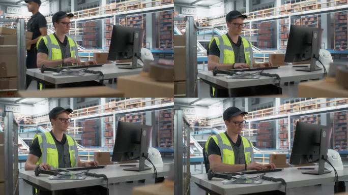 男库存助理用自动传送带在台式电脑上检查库存。物流公司员工搬运箱子包装产品并交付给客户