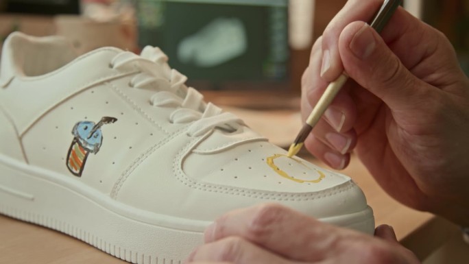 男手用油漆刷在运动鞋上画黄色圆圈
