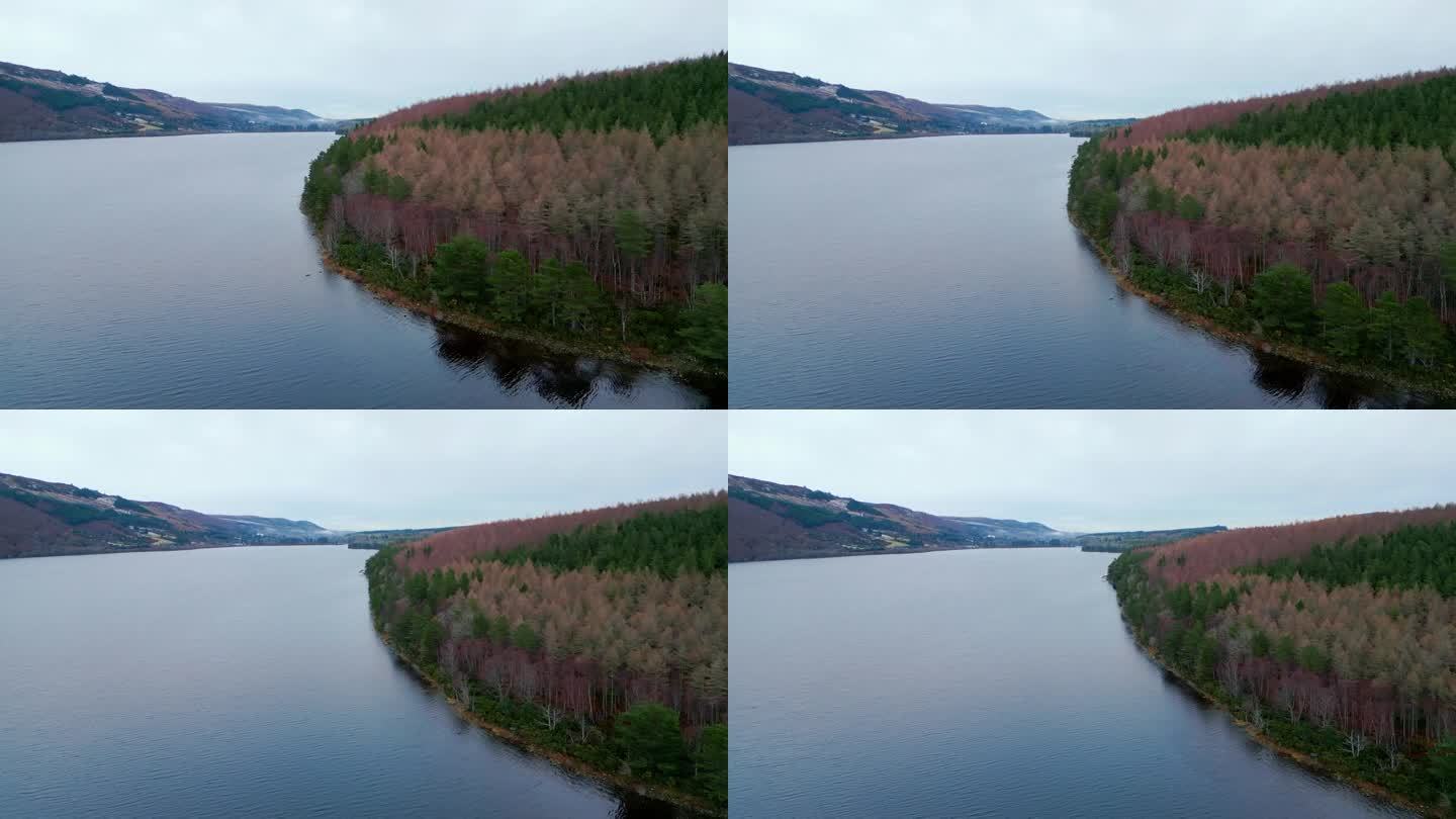 大湖岸边的森林鸟瞰图。冬天著名的尼斯湖。景观。英国苏格兰