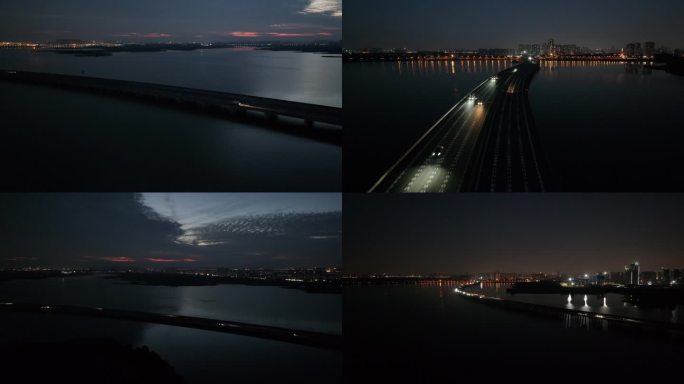 武汉四环线蔡甸后官湖特大桥夜景航拍