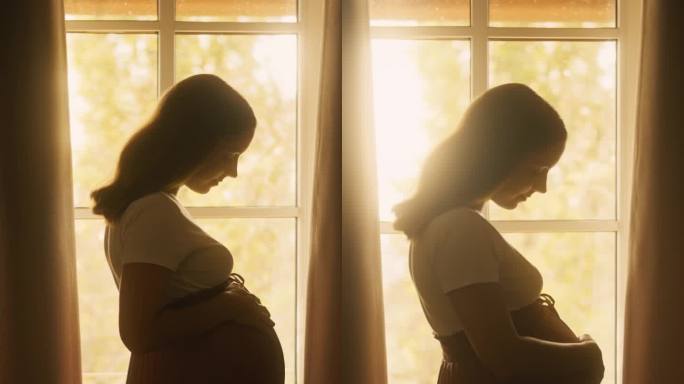 幸福的孕妇站在家里的窗户边抚摸她的肚子-垂直