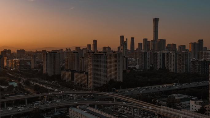 北京CBD建筑群日转夜车流