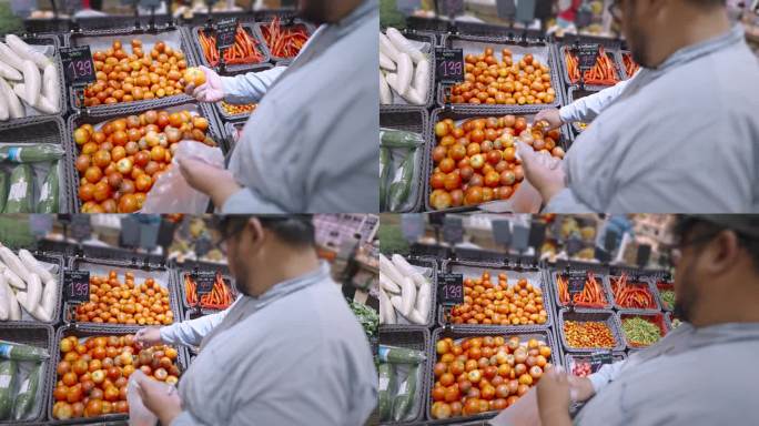 一名大码男子在超市买晚饭时，从菜区的蔬菜区拿起篮子里的西红柿，上面有名字和价格标签，然后把它们放进塑
