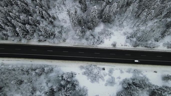 漫长的道路穿过冬天的白雪皑皑的森林