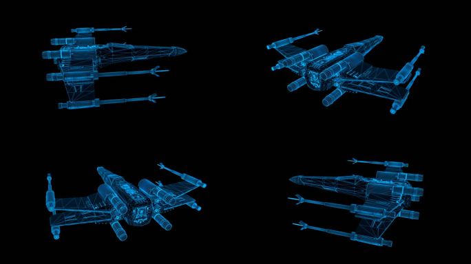 蓝色线框全息X航天战斗机循环带通道