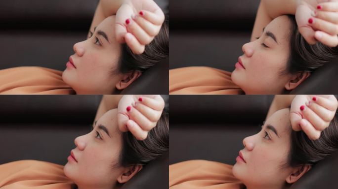 亚洲年轻女子悲伤疲倦困倦疲惫的女孩休息后试图入睡后神经紧张和压力。