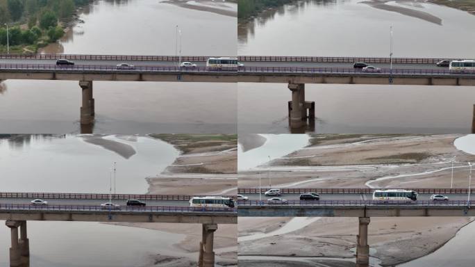 河南郑州黄河公路大桥车流黄河湿地航拍