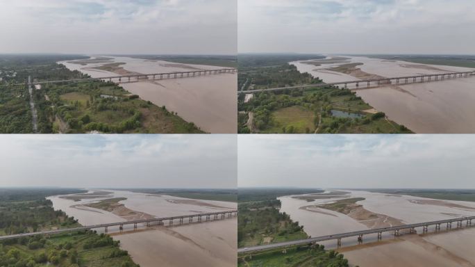 河南郑州黄河公路大桥车流黄河湿地航拍