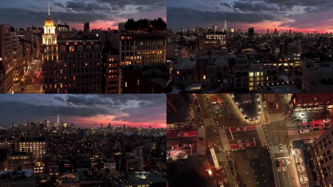 航拍纽约曼哈顿摩天大楼汽车街道夜景灯光