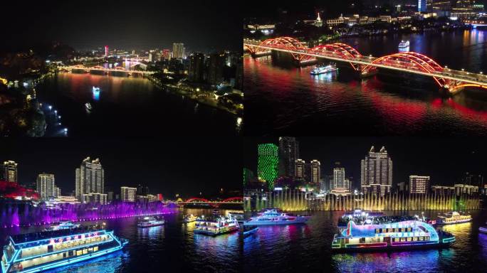 柳州夜景音乐喷泉游船航拍4K