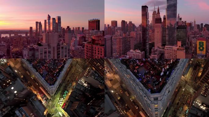 航拍纽约曼哈顿摩天大楼日落晚霞城市天际线