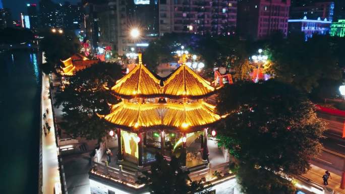 成都九眼桥安顺廊桥夜景航拍-合江亭