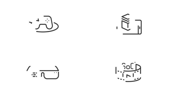 虚拟和增强现实动画大纲图标。AR和VR线图标运动设计集的网页设计，移动应用程序，ui设计。未来科技概