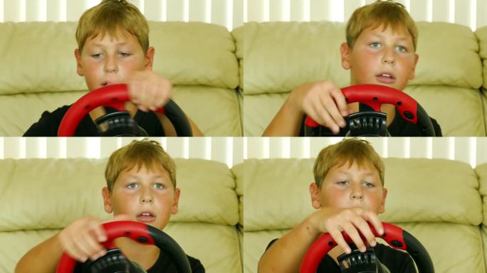 男孩在玩汽车模拟视频游戏