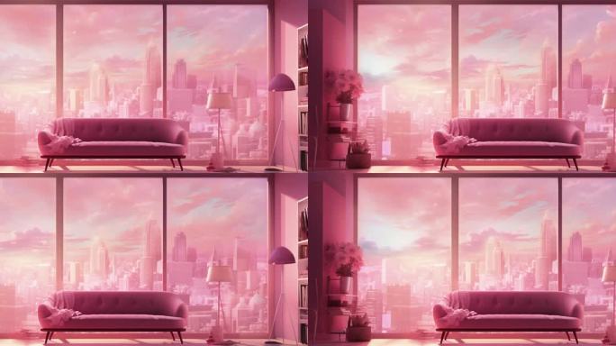 粉色房间窗户城市舞台背景