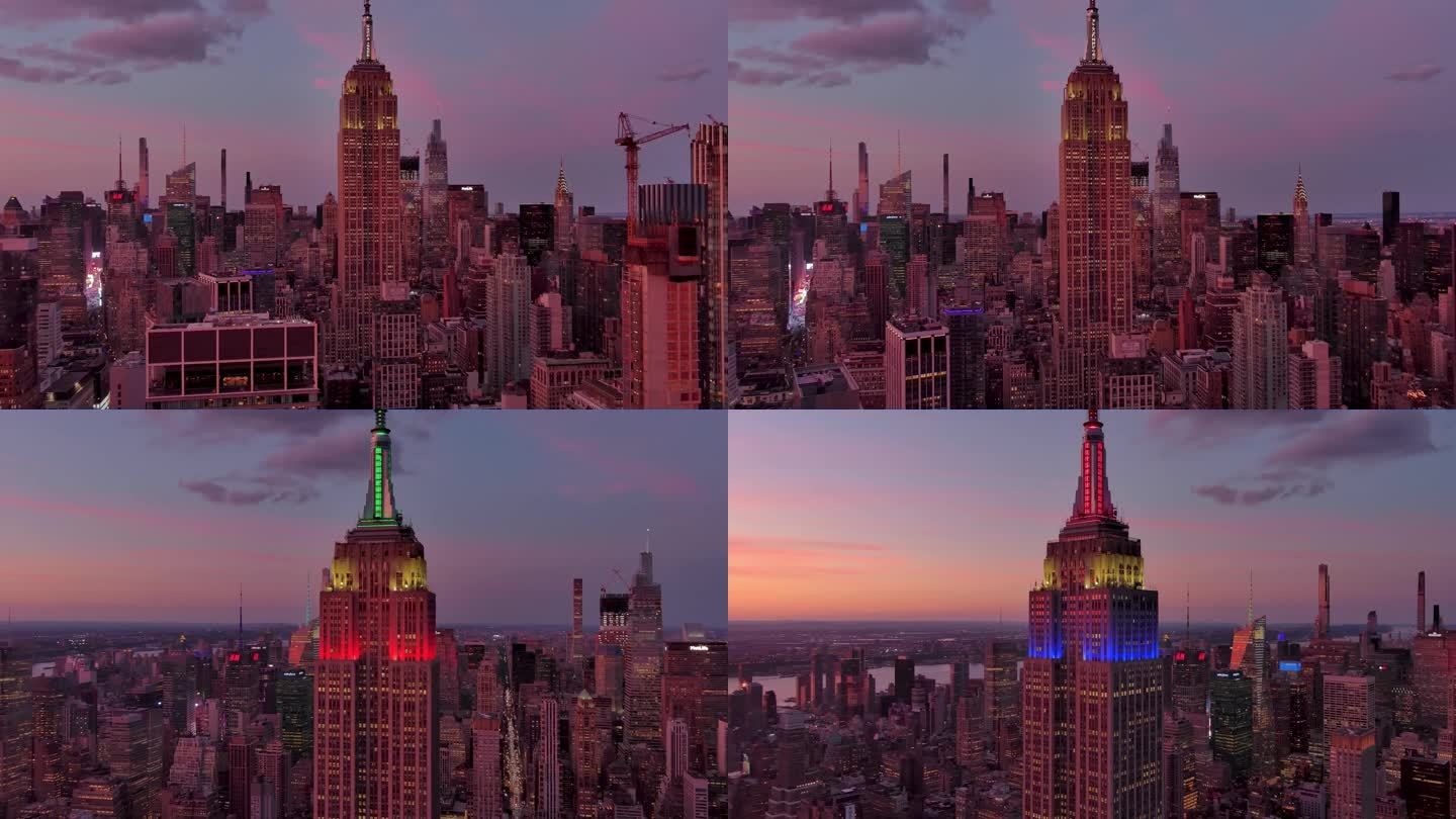 航拍纽约曼哈顿帝国大厦摩天大楼日落夜景灯