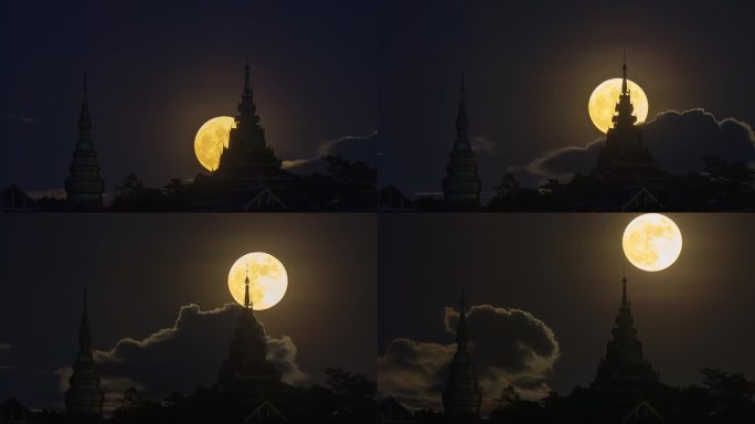 中秋夜圆月从佛塔上徐徐升起