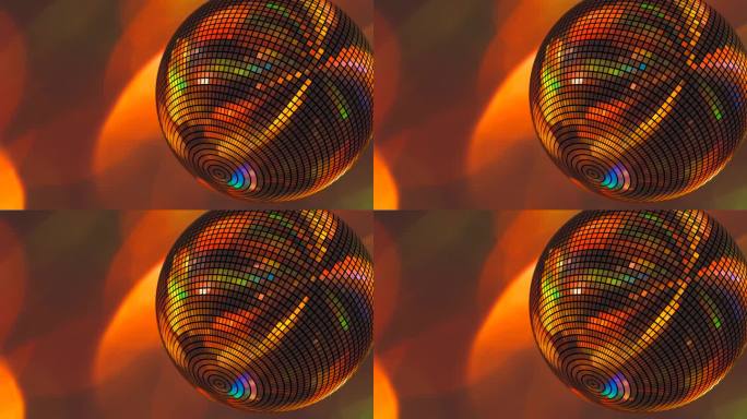 一个迪斯科球在明亮的橙棕色背景上旋转3D 4K循环动画和复制空间