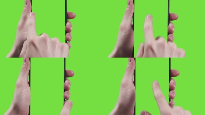 11个年轻人在绿色的屏幕上用智能手机做手势