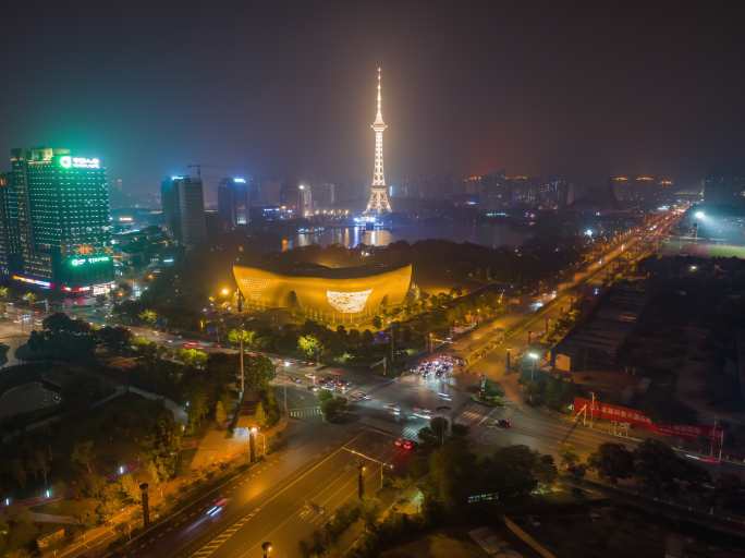 株洲夜景  神农湖夜景航拍延时