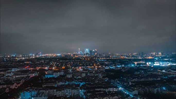 苏州古城夜景航拍延时