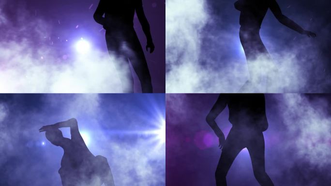 精力充沛的年轻女孩剪影在舞台上跳舞。闪烁的灯光和烟雾。