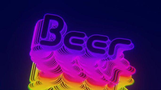 循环动画的彩色迷彩霓虹灯字啤酒移动孤立在一个深蓝色的背景