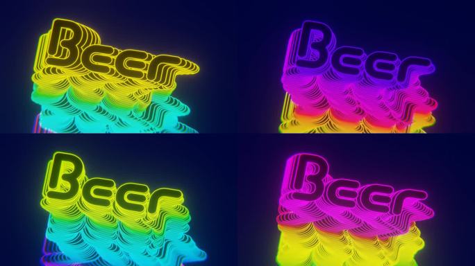 循环动画的彩色迷彩霓虹灯字啤酒移动孤立在一个深蓝色的背景
