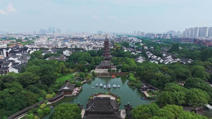 航拍苏州盘门景区中式园林建筑苏州古城