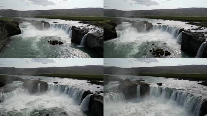 夏季从冰岛北国峡谷的Godafoss瀑布鸟瞰，也被称为众神瀑布。