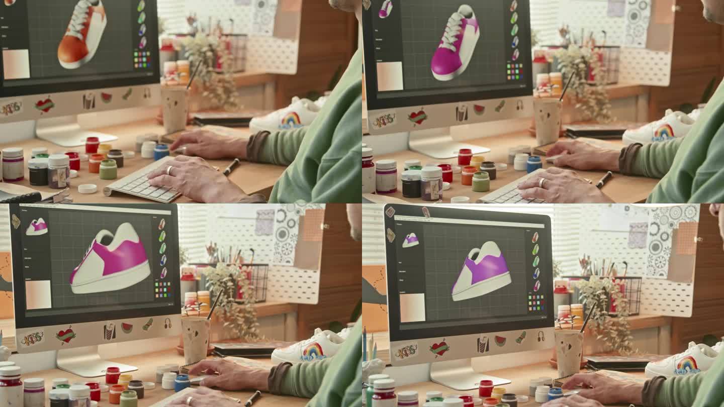 无法辨认的设计师在电脑中制作运动鞋的3D草图