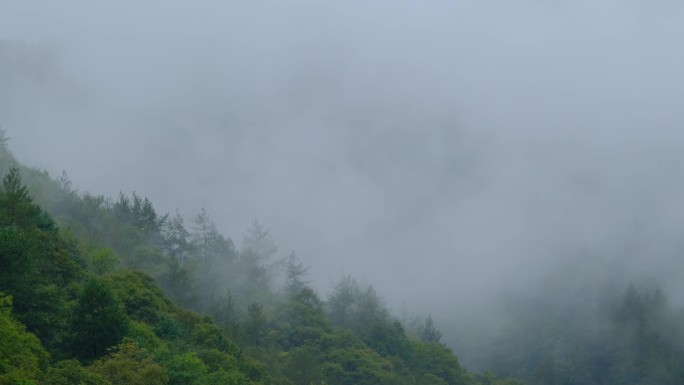 初秋雨中山脉云雾缭绕的绝美自然风光