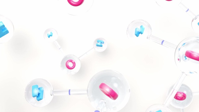 分子化学式H2O。水分子呈粉红色和蓝色。球棒化学结构模型。概念科学或化妆品行业。动画。