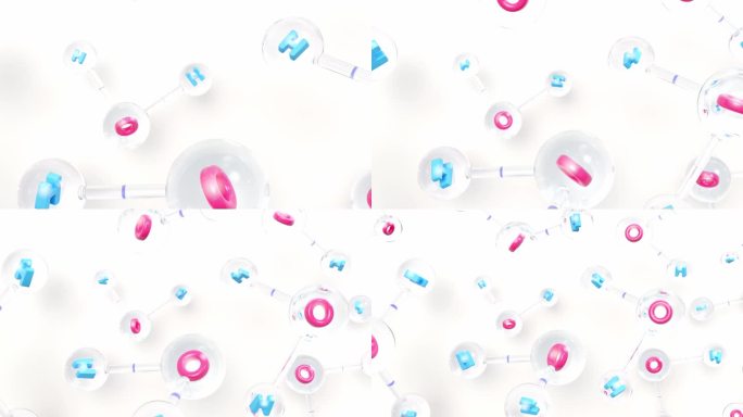 分子化学式H2O。水分子呈粉红色和蓝色。球棒化学结构模型。概念科学或化妆品行业。动画。