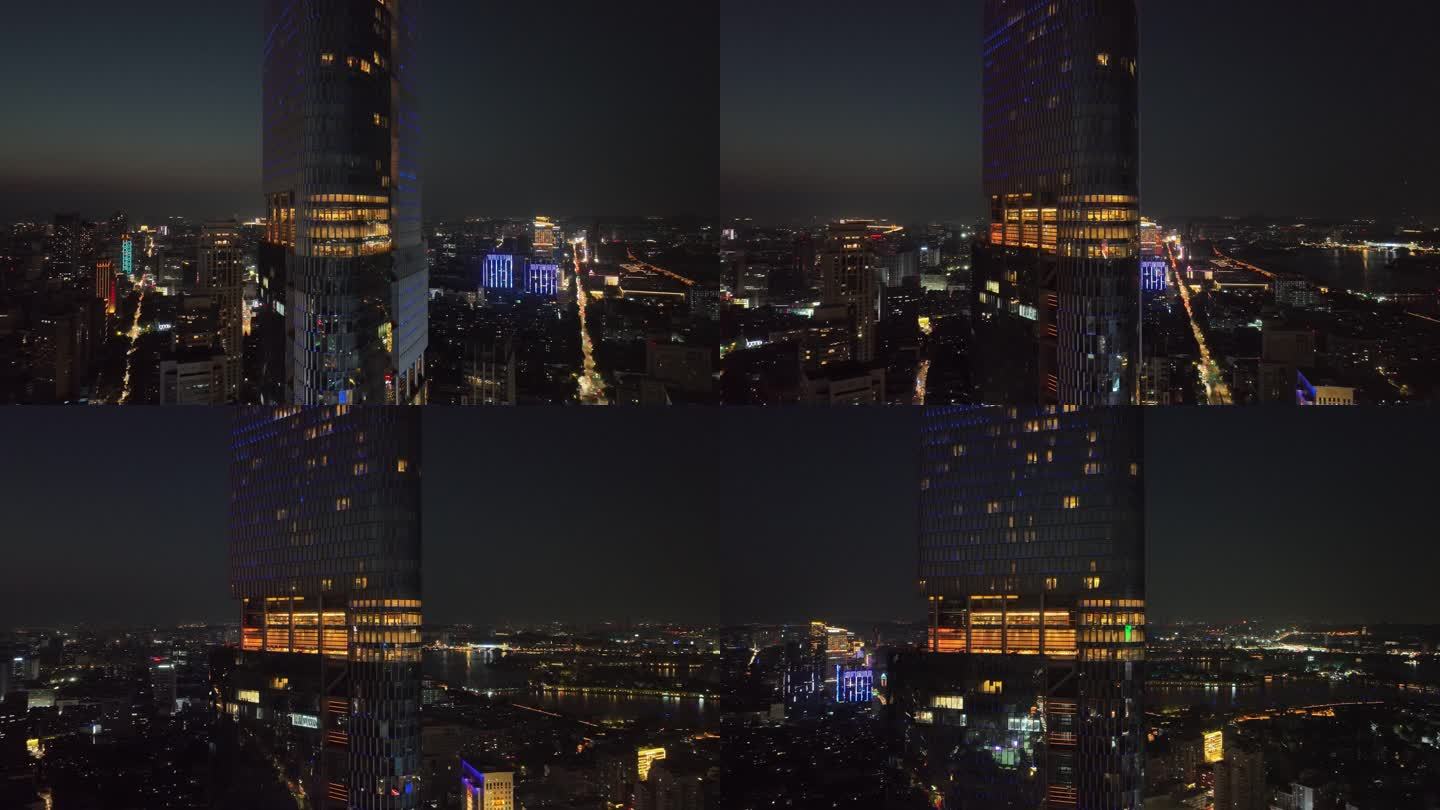 航拍江苏南京鼓楼区紫峰大厦城市夜景景观