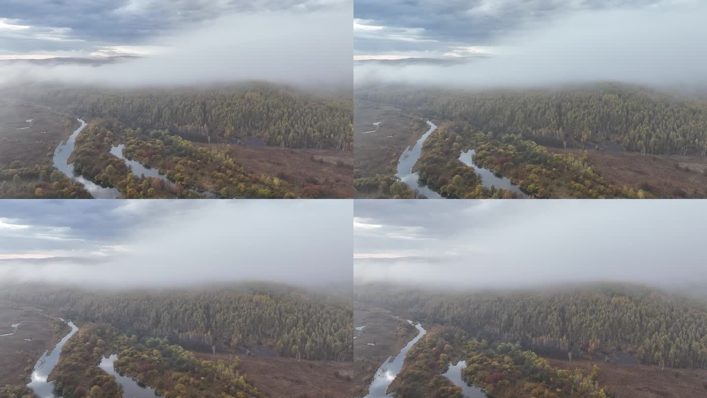 航拍秋季森林、河流晨雾缥缈