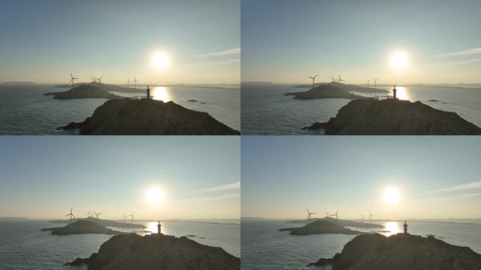 海上灯塔航拍海洋风车发电大海日出阳光海面